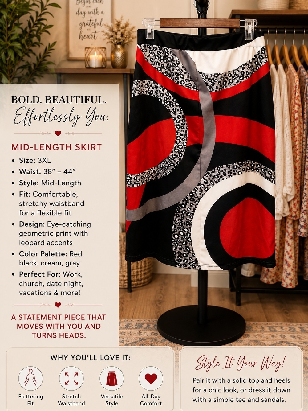 Mid-Length Geometric Print Skirt - Red, Black & Cream